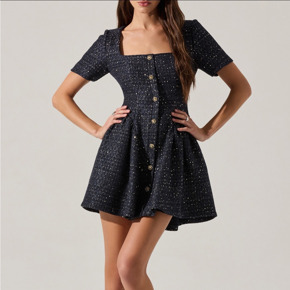 Astr Janel Metallic Tweed Mini Dress with Gold Buttons